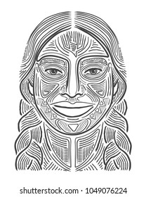 Ilustração vetorial desenhada à mão ou desenho de uma mulher sorrindo indígena