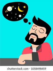 Hand drawn vector illustration or drawing of a cartoon man imagining the outer spac