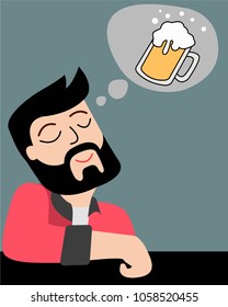 Hand drawn vector illustration or drawing of a cartoon man imagining a beer