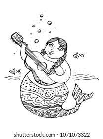 Hand drawn vector illustration or drawing of a mermaid with a guitar ink illustration