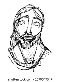 Hand drawn vector illustration or drawing of Jesus Christ Face