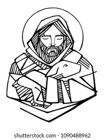 Hand drawn vector illustration or drawing of Jesus Christ Good Shepherd and sheep