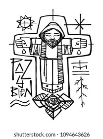 Hand drawn vector illustration or drawing of a Franciscan broither and religious christian symbols