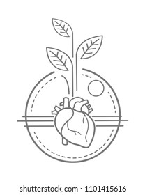 Hand drawn vector illustration or drawing of a human heart and plants