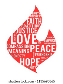 Hand drawn vector illustration or drawing of a fire flames and some written virtues