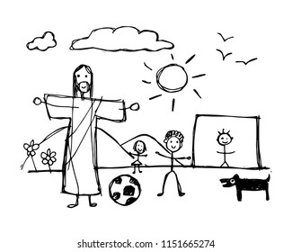 Hand drawn vector illustration or drawing of Jesus Christ playing with children in childish style