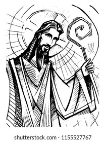 Hand drawn vector illustration drawing Jesus Christ Good Shepherd