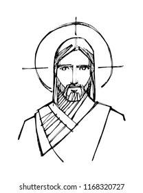 Hand drawn vector illustration or drawing of Jesus Christ face