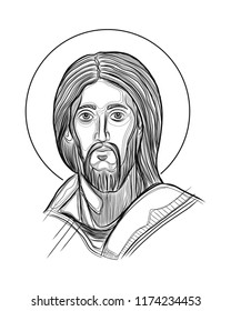 Hand drawn vector illustration or drawing of Jesus Christ Face