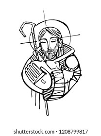 Hand drawn vector illustration or drawing of Jesus Christ Good Shepherd