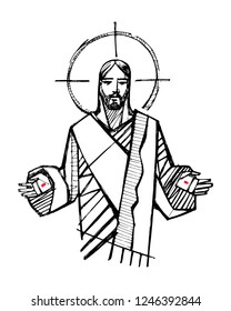 Hand drawn vector illustration or drawing of Jesus Christ with open hands