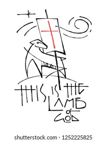 Hand drawn vector illustration or drawing of a Lamb representing Jesus Christ and religious phrase: This is the Lamb of God