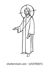 Hand drawn vector illustration or drawing of Jesus Christ with open hands