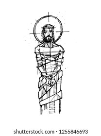 Hand drawn vector illustration or drawing of Jesus Christ at his Passion