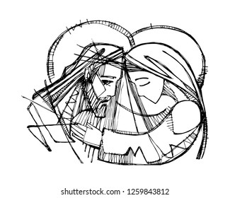 Hand drawn vector illustration or drawing of Jesus Christ at his Passion