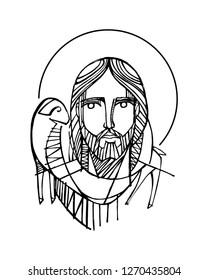 Hand drawn vector illustration or drawing of Jesus Christ Good Shepherd