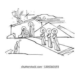 Hand drawn vector illustration or drawing of Jesus Christ Nativity scene