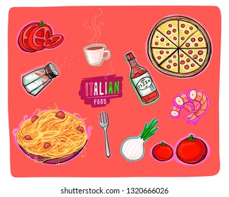 Hand drawn vector illustration or drawing of some elements of the Italian food
