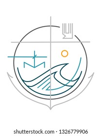 Hand drawn vector illustration or drawing of a Cross and other religious Christian symbols badge 