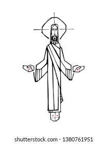 Hand drawn vector illustration or drawing of Jesus Christ with open arms and hands