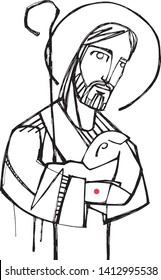 Hand drawn vector illustration or drawing of Jesus Christ Good Shepherd