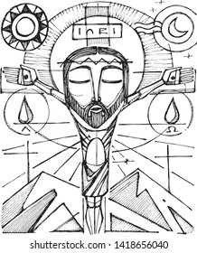 Hand drawn vector illustration or drawing of Jesus Christ at the Cross