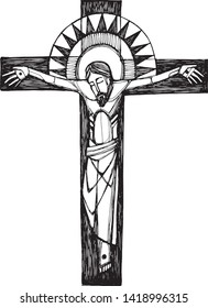 Hand drawn vector illustration or drawing of Jesus Christ at the Cross