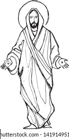 Hand drawn vector illustration or drawing of Jesus Christ with open hands