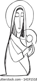 Hand drawn vector illustration or drawing of Virgin Mary with baby Jesus Christ in expressionist style