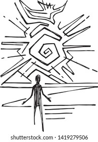 Handgezeichnete Vektorgrafik oder Zeichnung eines Mannes und das religiöse christliche Symbol des Heiligen Geistes taube
