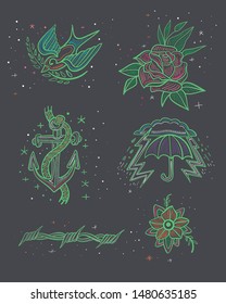 Hand drawn vector illustration or drawing of some old school style tattoo designs