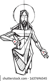 Hand drawn vector illustration or drawing of Jesus Christ showing his wounds