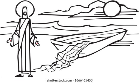 Hand drawn vector illustration or drawing of Jesus Christ with boat and fishing nets