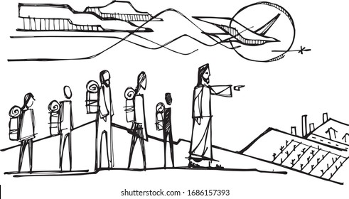 Hand drawn vector illustration or drawing of Jesus Christ and Holy Spirit inviting some people to walk with Him