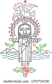 Hand drawn vector illustration or drawing of Jesus Christ with open arms and symbols