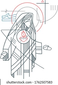 Hand drawn vector illustration or drawing of Virgin Mary and her Immaculate Heart