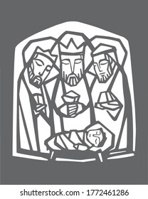 Hand drawn vector illustration or drawing of the three wise men and baby Jesus Christ