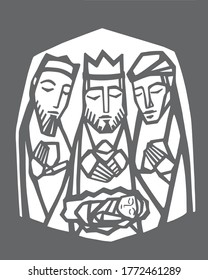 Hand drawn vector illustration or drawing of the three wise men and baby Jesus Christ