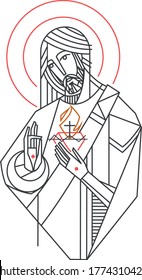 Hand drawn vector illustration or drawing of Jesus Christ Sacred Heart