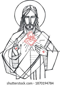 Hand drawn vector illustration or drawing of Jesus Christ and Sacred Heart