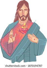 Hand drawn vector illustration or drawing of Jesus Christ and Sacred Heart