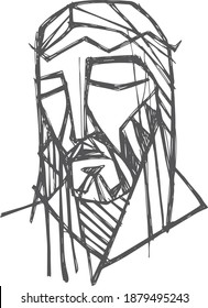 Hand drawn vector illustration or drawing of Jesus Christ Face at his Passion