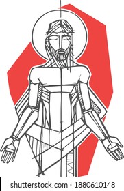 Hand drawn vector illustration or drawing of Jesus Christ as a prisioner at his Passion