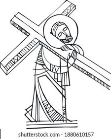 Hand drawn vector illustration or drawing of Jesus Christ with the Cross illustration