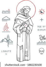 Hand Drawn Vector Illustration Or Drawing Of JSaint Francis Of Asis And Christian Symbols With Phrases In Latin That Means: Praise You, Peace And Good