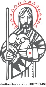 Hand drawn vector illustration or drawing of Jesus Christ Good Shepherd