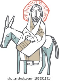 Hand drawn vector illustration or drawing of Jesus Christ on a donkey, entering to Jerusalem