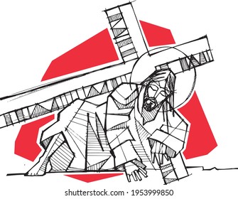 Hand drawn vector illustration or drawing of Jesus Christ with the Cross in his Passion