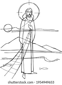 Hand drawn vector illustration or drawing of Jesus Christ as fisher with nets and fish