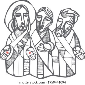 Hand drawn vector illustration or drawing of Jesus Christ and disciples at Emaus